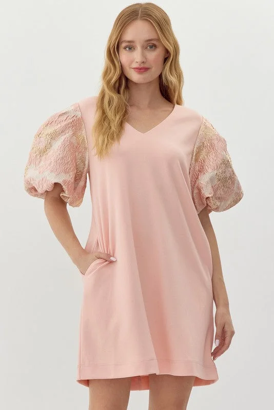 Metallic Puff Sleeve Pink Dress