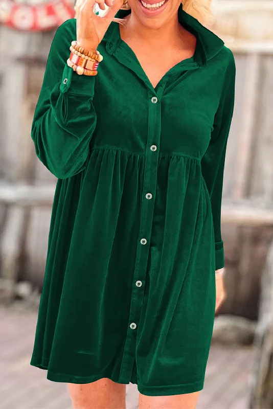 Blue Zone Planet |  Green Long Sleeve Ruffle Velvet Button Up Dress