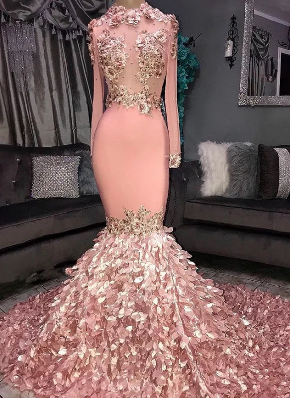 Luxurious Crew Long Sleeves Mermaid Appliques Prom Dresses | Sweep Train Ruffles Evening Gown On Sale BC1046 Luxurious Crew Long Sleeves Mermaid Appliques Prom Dresses | Sweep Train Ruffles Evening Gown On Sale BC1046