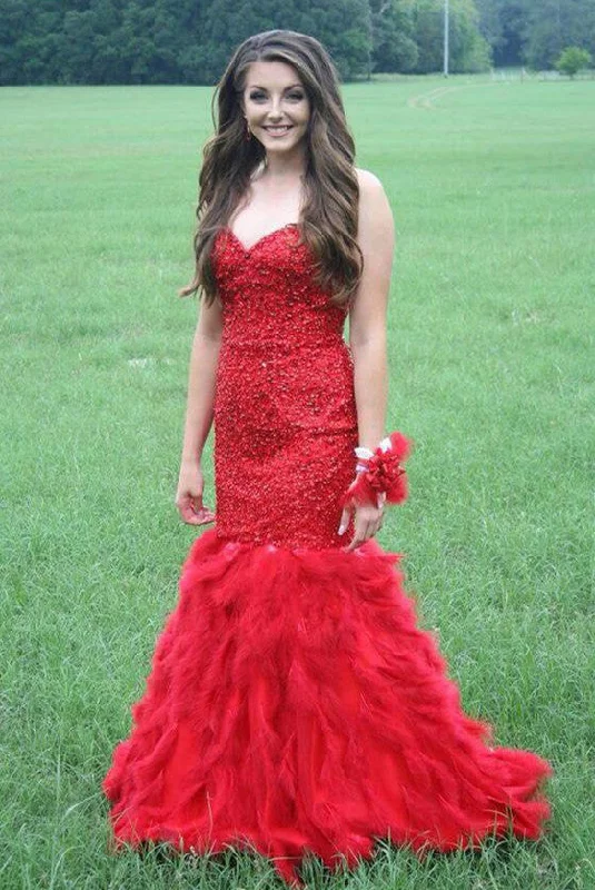 Red Sweetheart Mermaid Prom Dress Crystal Gorgeous Tulle Evening Gowns