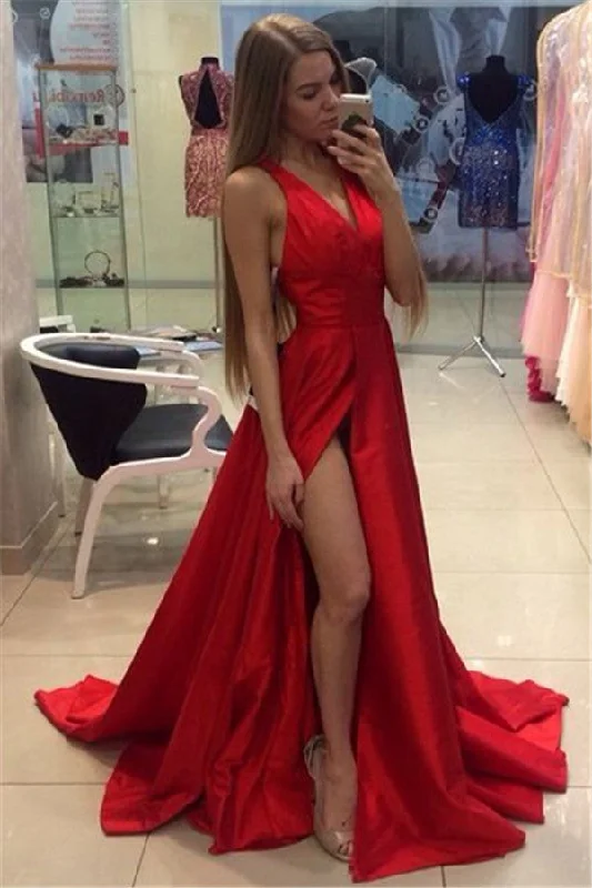 Sexy Side Slit Prom Dresses V-neck Stretch Satin  Evening Gowns CE0015
