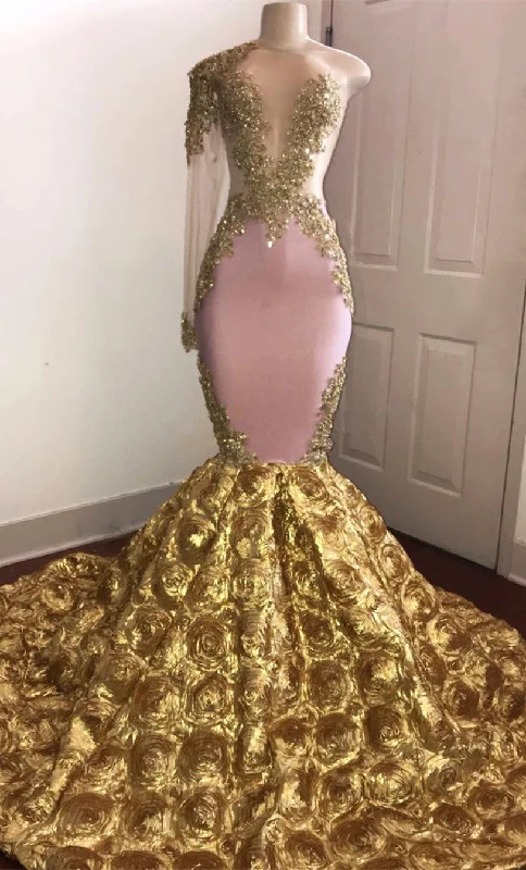 One Sleeve Mermaid Gold Floral Prom Dresses | Beads Lace Appliques Sexy Prom Gowns bc1386 One Sleeve Mermaid Gold Floral Prom Dresses | Beads Lace Appliques Sexy Prom Gowns bc1386