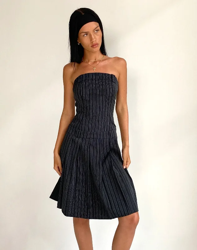 Aldari Bandeau Midi Dress in Tailoring Black Pinstripe Trendy A-Line Midi Dress