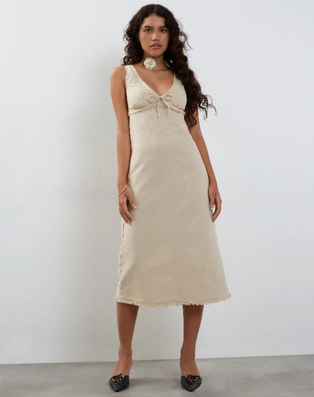 Antari Midi Dress in Ecru Linen Elegant Sleeveless Midi Dress