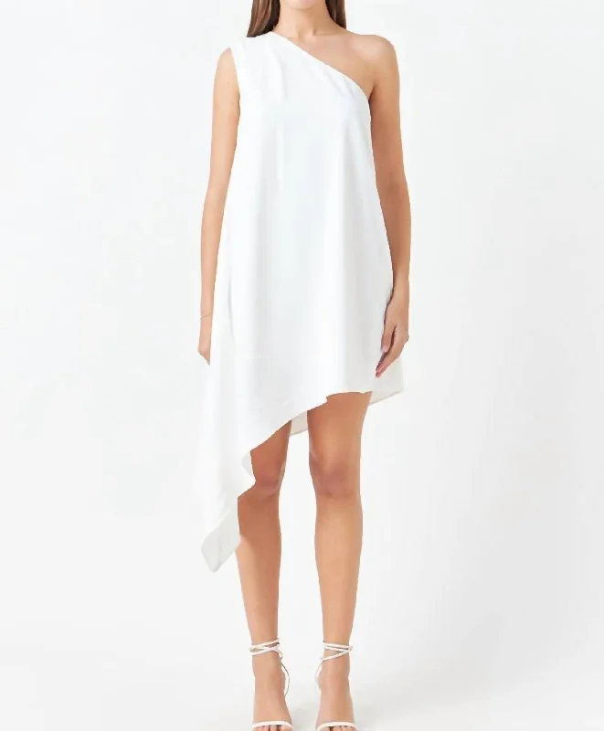 Athena Asymmetrical Mini Dress In Off White Comfortable Shift Mini Dress