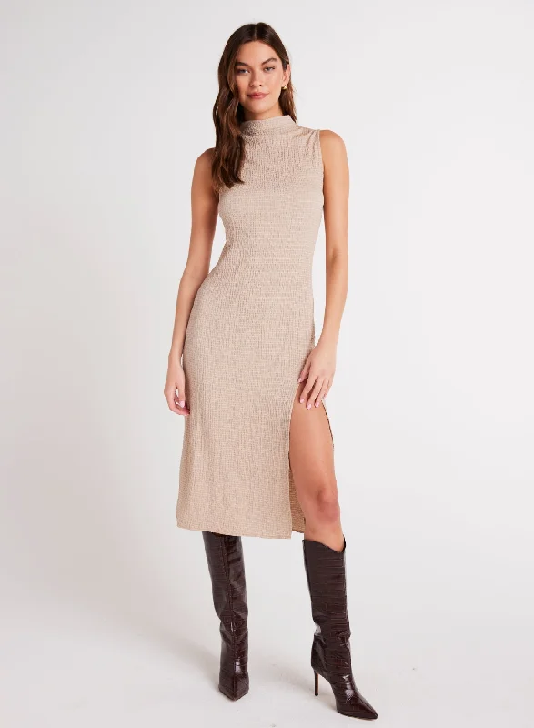 Mock Neck Midi Dress - Light Oak Comfortable Knitwear Midi Dress