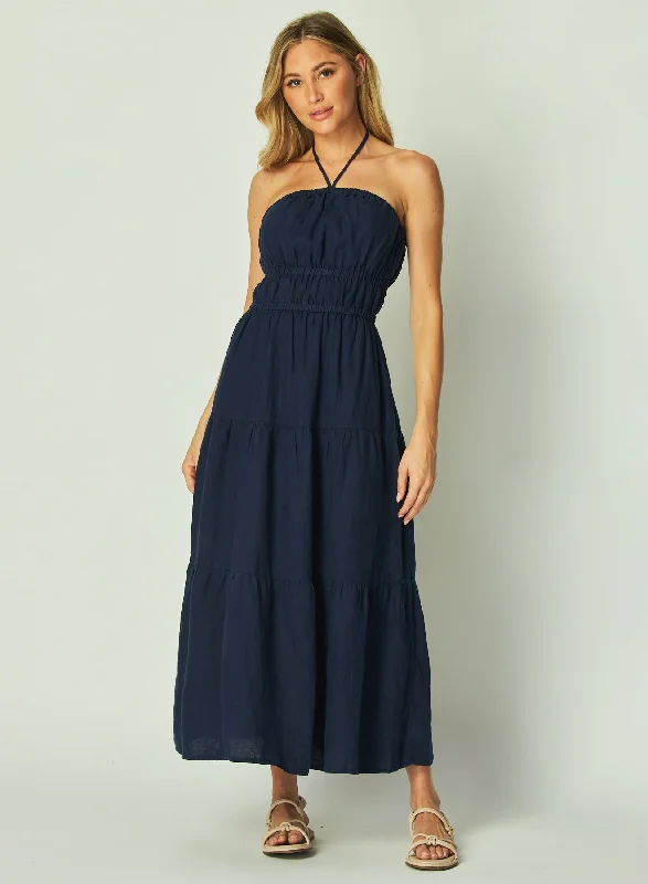 Gathered Halter Midi Dress - Brazilian Navy Stylish Tiered Midi Dress