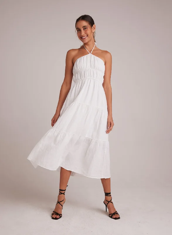 Gathered Halter Midi Dress - White Elegant Satin Slip Midi Dress