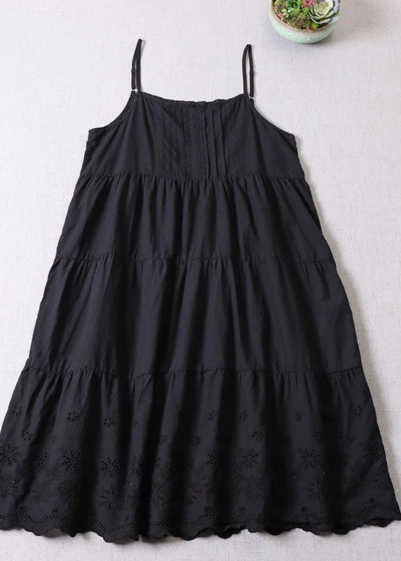 Black Embroideried Patchwork Cotton Mini Dresses Spring Comfortable Off-Shoulder Mini Dress