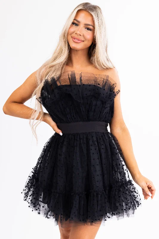 Black Ruffle Strapless Heart Detail Mini Dress Trendy Tie-Dye Mini Dress