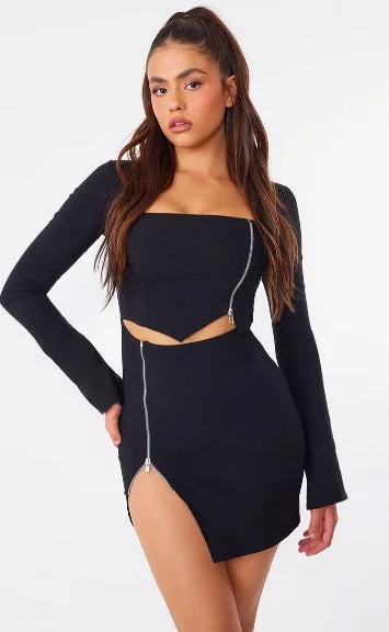 Black Stretch Woven Long Sleeve Zip Detail Mini Dress Cozy Long Sleeve Mini Dress