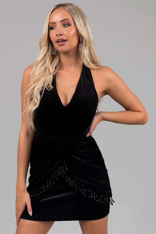 Black Velvet Halter Neckline Mini Dress Classic Solid Mini Dress