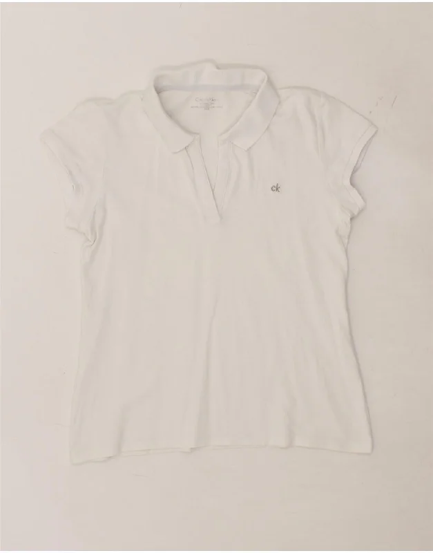 CALVIN KLEIN Womens Polo Shirt UK 12 Medium White Cotton Elegant High-Low Short Shirt