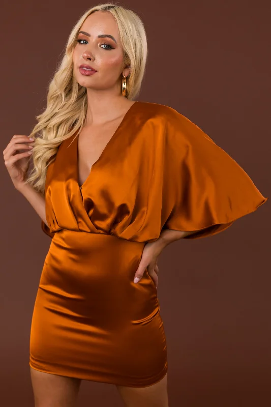 Caramel Satin Kimono Sleeve Mini Dress Stylish Ribbed Mini Dress