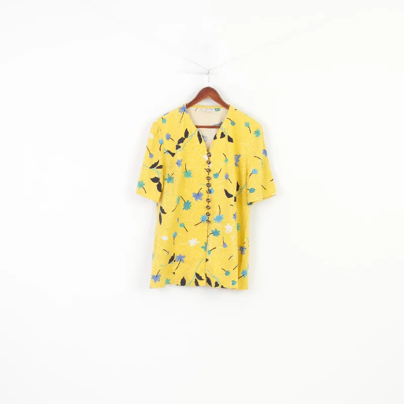 Cavita Schneberger Gruppe Women 18 XL Shirt Button Front Flower Print Blouse Short Sleeve Yellow Summer Vintage V Neck Top Trendy Short Sleeve Blouse