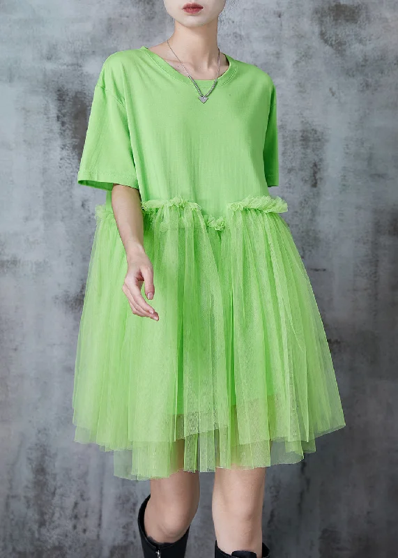 Chic Grass Green Oversized Patchwork Tulle Mini Dresses Summer Casual Mini Dress with Pockets