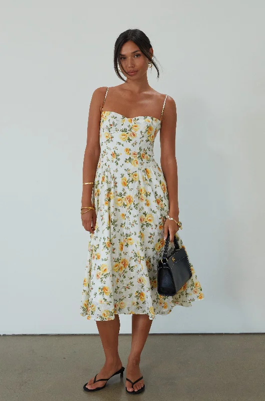 Golden Fields Midi Dress Chic Floral Print Midi Dress