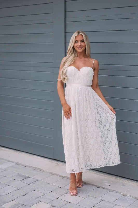 Macie Lace Midi Dress- Ivory Comfortable Ribbed Midi Dress