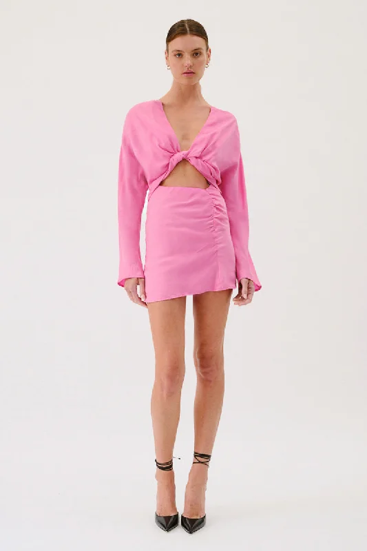 Suboo - Jasper Long Sleeve Twist Front Mini Dress in Pink Cozy Wraparound Mini Dress