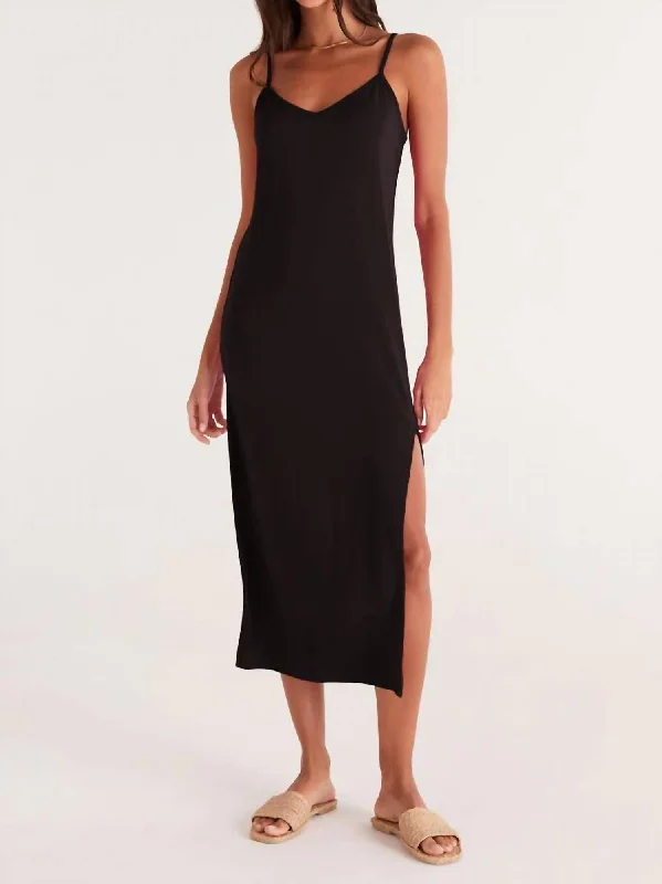 Cora Midi Dress In Black Comfortable Ribbed Midi Dress