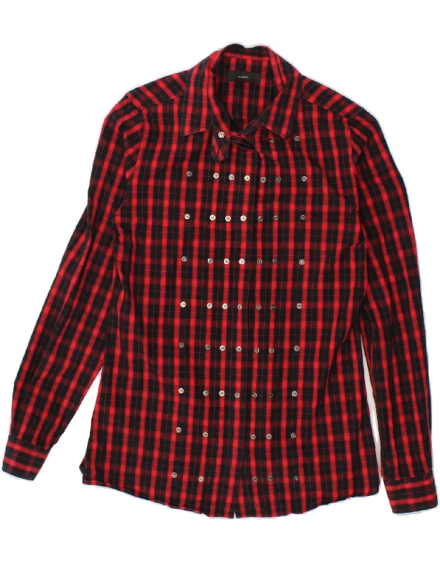 DIESEL Womens Shirt UK 10 Small Red Check Cotton Fashionable Button-Front Short Sleeve