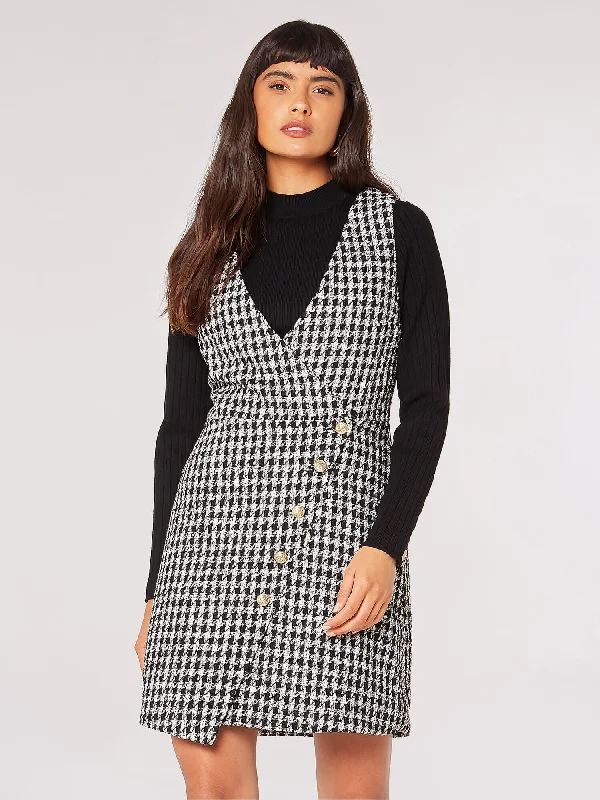 Dogtooth Pinafore Mini Dress Chic Puff Sleeve Mini Dress