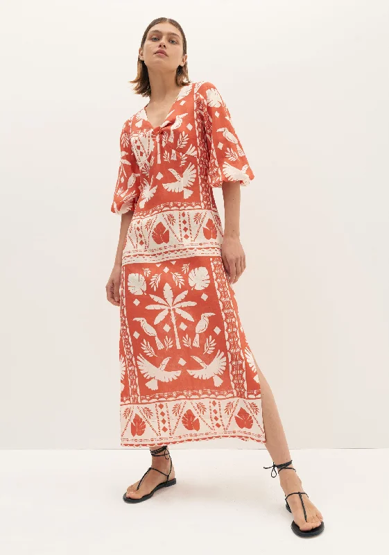 Estella Linen Midi Dress_Print Comfortable Floral Print Midi Dress