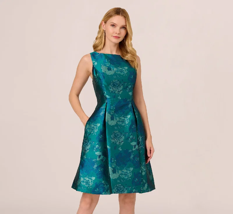 Floral Jacquard Sleeveless Midi Dress With Cutout Back In Teal Multi Comfortable Adjustable Strap Midi Dress