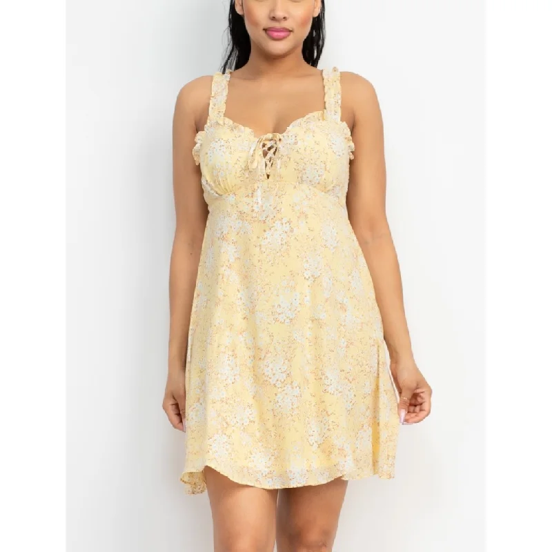 Floral Lace-Up Ruffle Mini Dress - Yellow Comfortable One-Shoulder Mini Dress