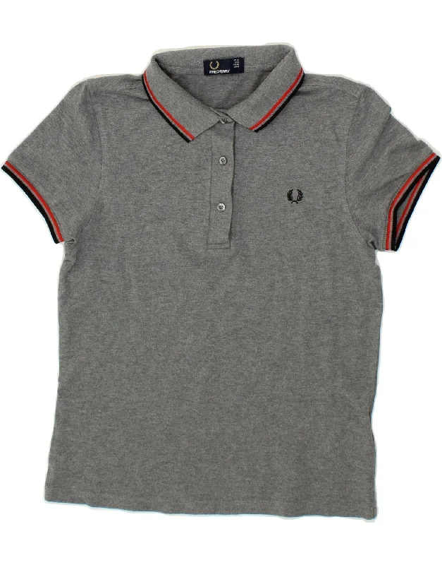 FRED PERRY Womens Polo Shirt UK 12 Medium Grey Cotton Cozy Knit Short Sleeve Top