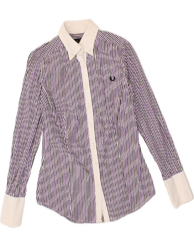 FRED PERRY Womens Shirt UK 10 Small Purple Striped Cotton Casual Slouchy Short Sleeve