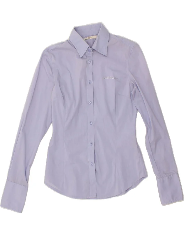 GAUDI Womens Shirt IT 40 Small Blue Striped Cotton Relaxed Cotton Short Shirt