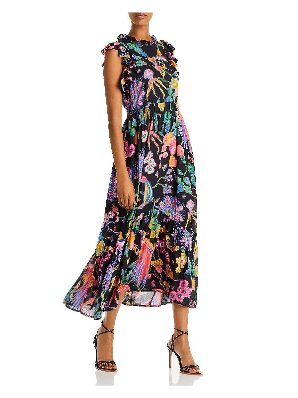 Hannah Womens Floral Flutter Sleeve Midi Dress Cozy A-Line Midi Dress