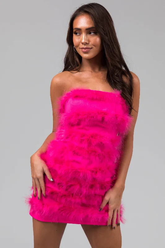 Hot Pink Faux Fur Strapless Mini Dress Casual Button-Up Mini Dress