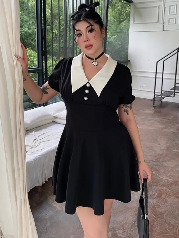 Ivette Plus Size Solid Contrast Color French Ballet Doll Black & White Pleated Mini Dress Fashionable Summer Mini Dress