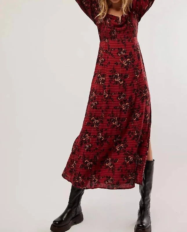 Jaymes Midi Dress In Burgundy Stylish Long Sleeve Floral Midi Dress