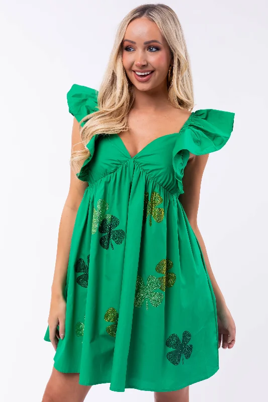 Kelly Green Clover Rhinestone Mini Dress Stylish Floral Print Mini Dress