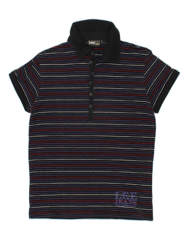 LEE Womens Polo Shirt UK 10 Small Navy Blue Striped Cotton Cozy Striped Short Sleeve