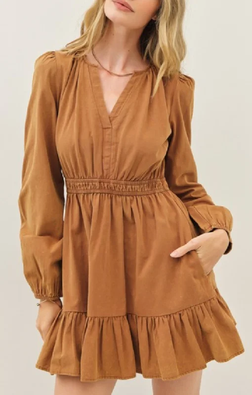 Loren Washed Camel Mini Dress Comfortable Zip-Up Mini Dress