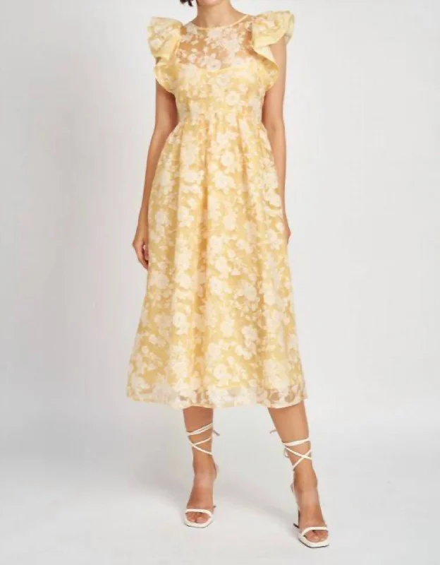 Marais Midi Dress In Yellow Trendy Mock Neck Midi Dress