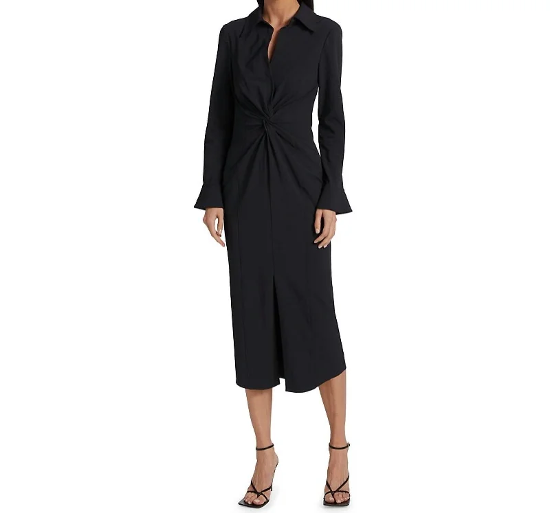 Mckenna Long Sleeves Collared Midi Dress In Black Comfortable Fit-and-Flare Midi Dress