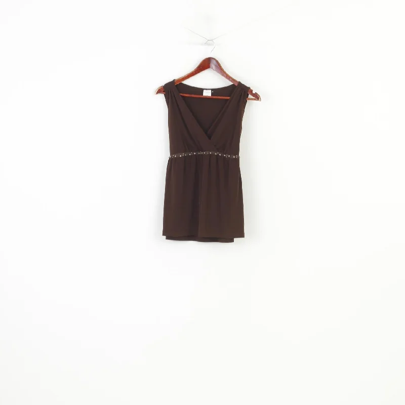 Motherhood Maternity Women M Shirt Brown V Neck Sleeveless Stretch Belt Top Classic Short Sleeve Tunic