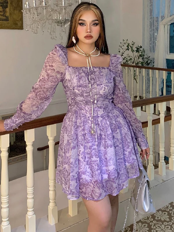 Nange Plus Size Floral Purple Long Sleeve Mesh Square Neck Mini Dress Trendy Denim Mini Dress