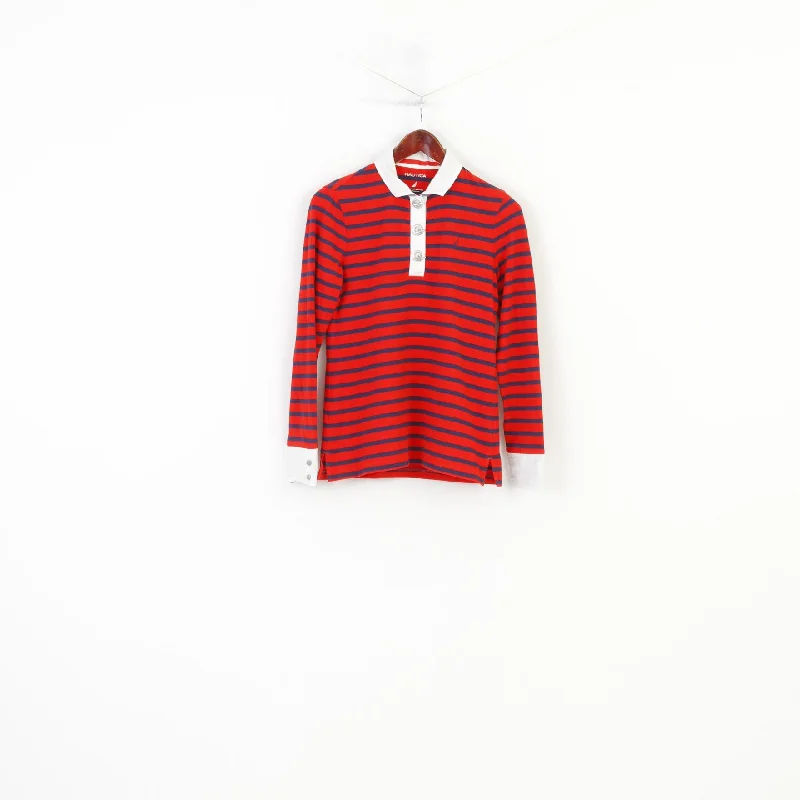 Nautica Women M Polo Shirt Red Striped Marine Cotton Long Sleeve Stretch Collar Vintage Top Trendy Turtleneck Short Shirt