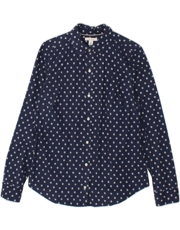 NAUTICA Womens Shirt UK 14 Medium Navy Blue Floral Cotton Fashionable Cuffed Short Sleeve