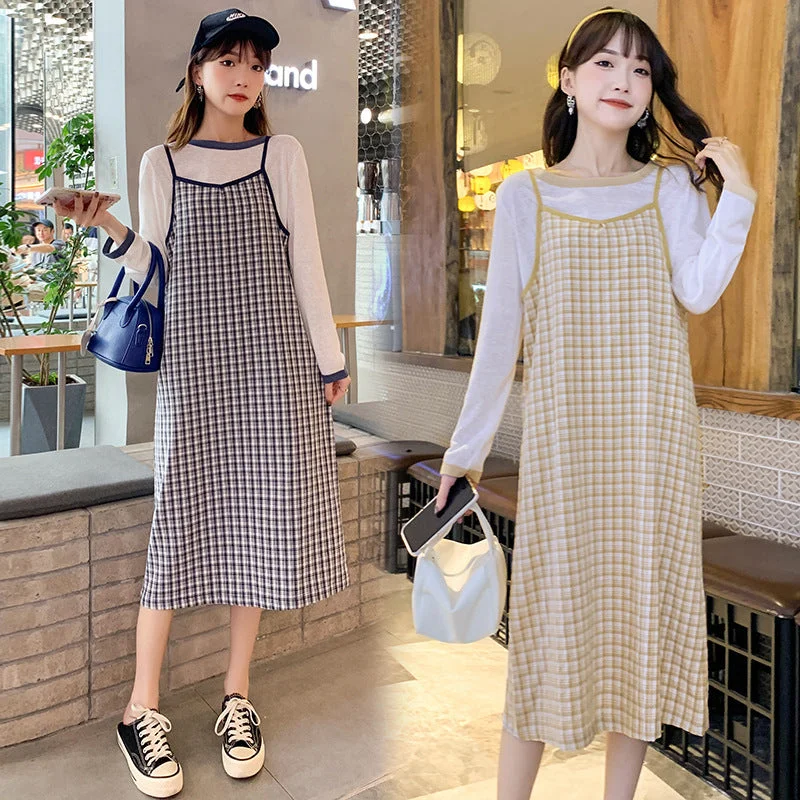 NiDELL Maternity Dress . New Fashion Grid Slim Suspender Dress Two-Piece Sweet Trendy Mom Midi Dress Fashionable Plaid Midi Dress