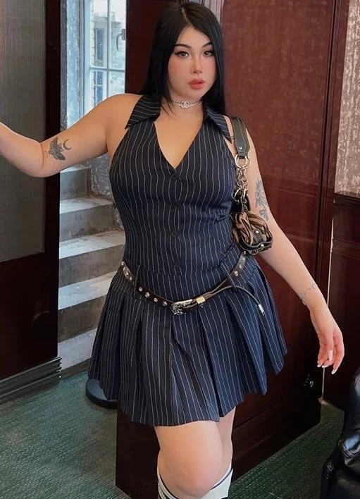 Olivia Plus Size Striped Navy Blue Slim Sleeveless V-neck Halter Neck Waist Belt Pleated A-line Mini Dress Trendy Mini Dress with Belt