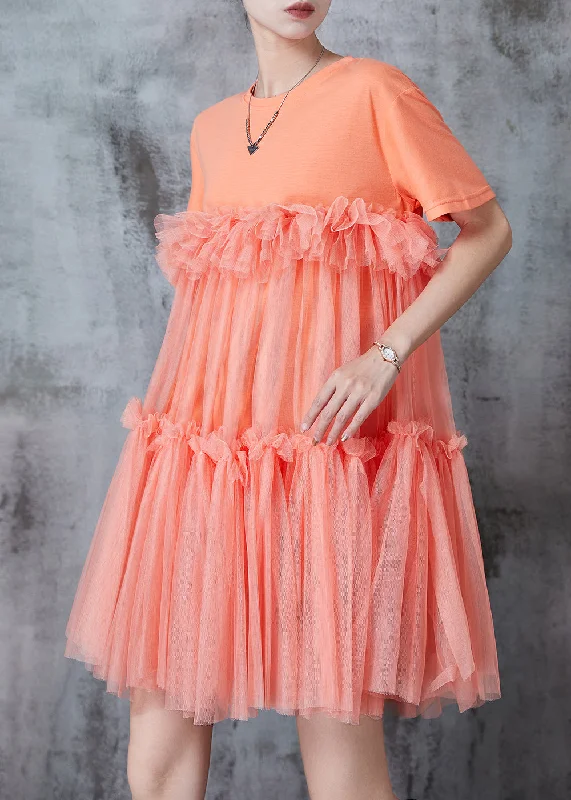 Orange Patchwork Tulle Mini Dresses Oversized Summer Fashionable Boho-Chic Mini Dress