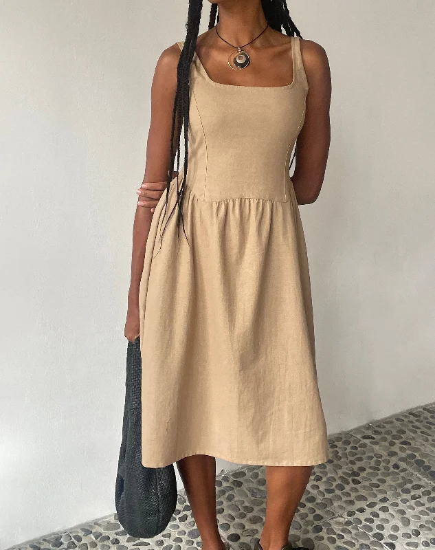 MOTEL X JACQUIE Pelove Drop Waist Midi Dress in Light Taupe Elegant Floral Skirt Midi Dress