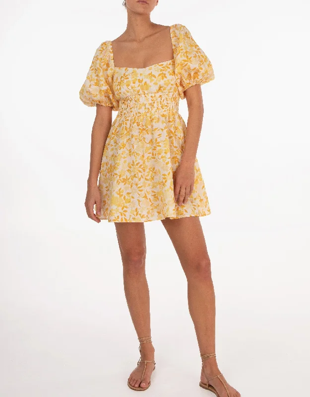 Linen Smocked Mini Dress, Daffodil Yellow Floral Comfortable Boho Mini Dress